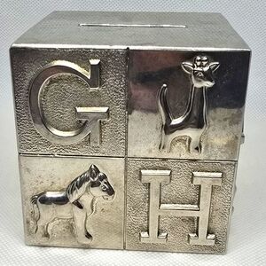 Vintage Silverplated Piggybank Animal Alphabet Block Bank Baby Toddler Child